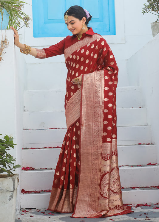Royal Red Katan Litchi Silk Banarasi Saree Highlighted with Golden Zari Butta Work