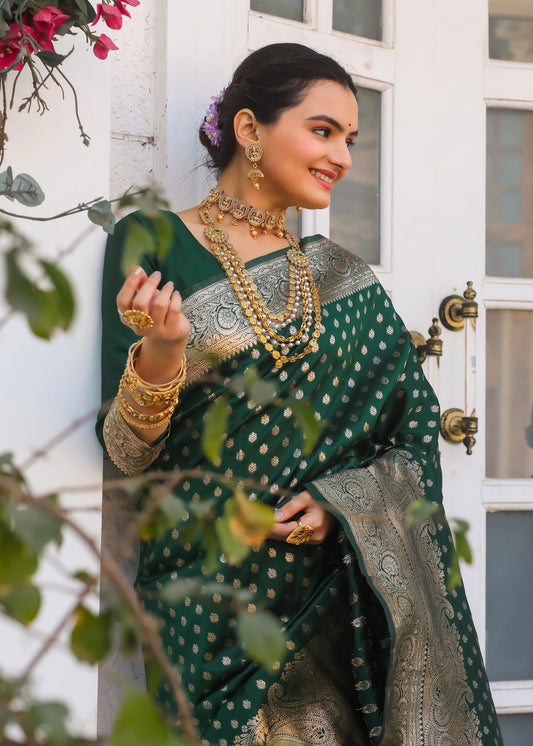 Bottle Green Katan Litchi Silk Banarasi Saree with Zari Butta Weaving – In Stock