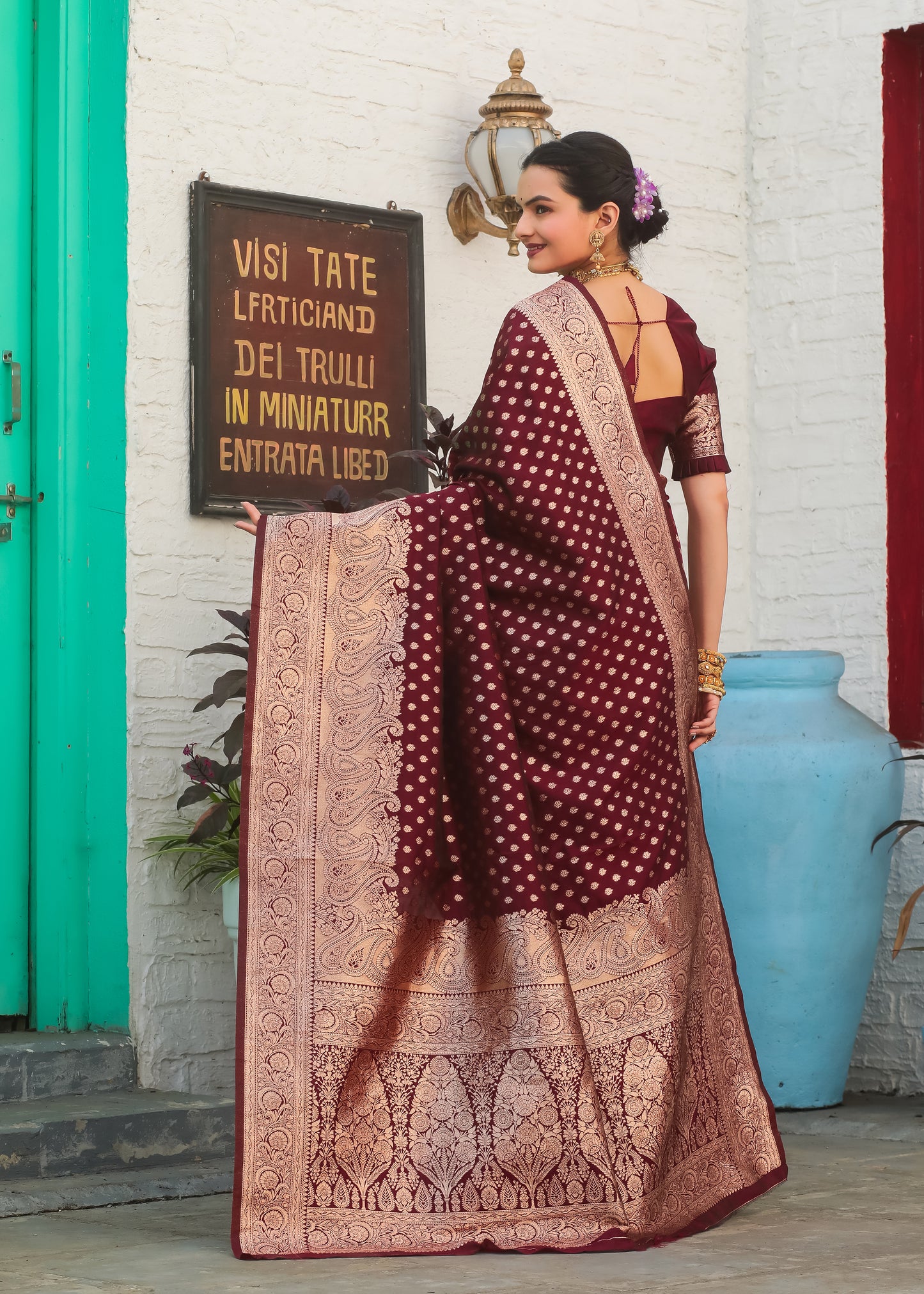 Maroon Katan Litchi Silk Banarasi Saree with Zari Butta Woven
