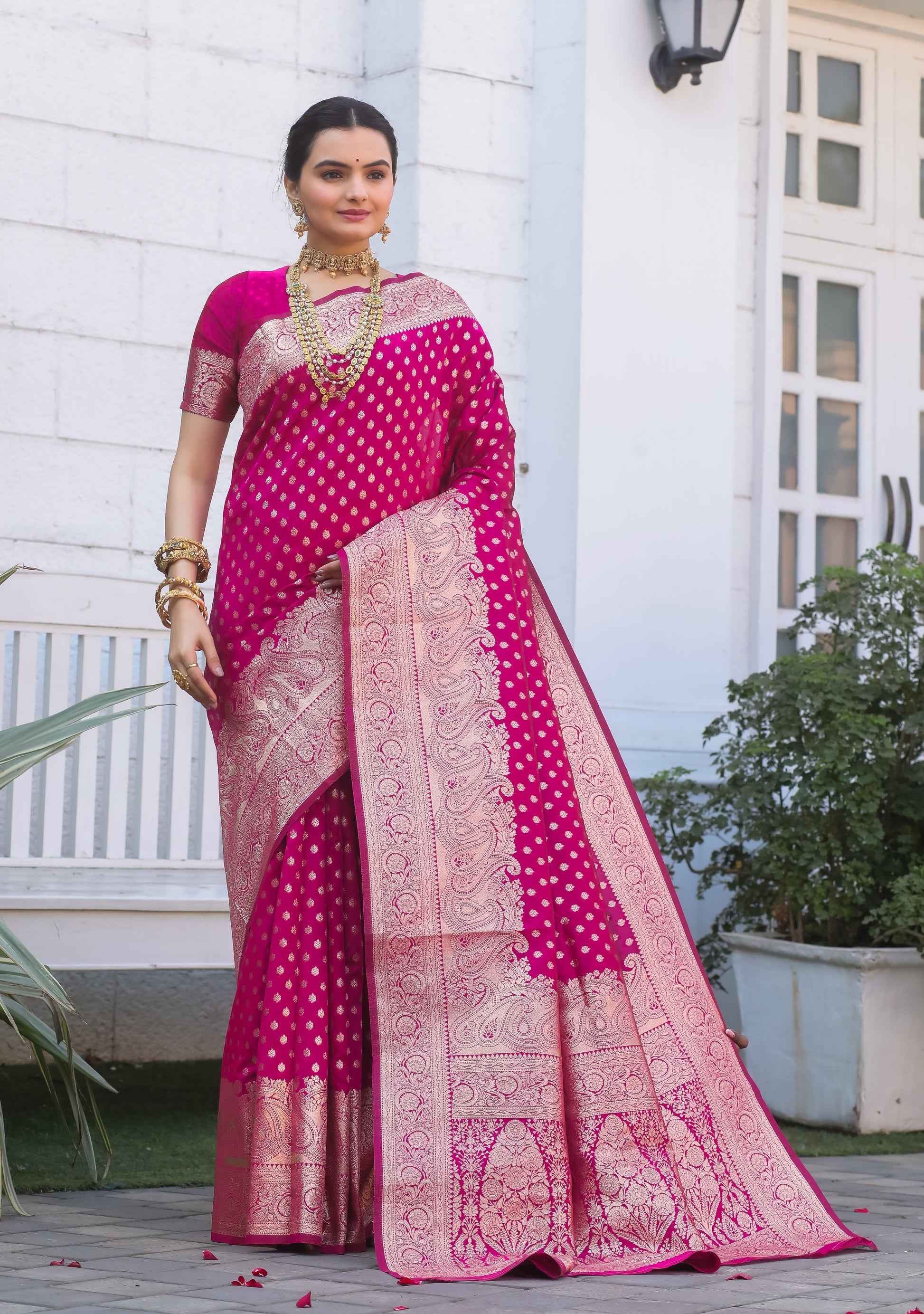 Rani Katan Litchi Silk Banarasi Saree with Zari Butta Woven – In Stock