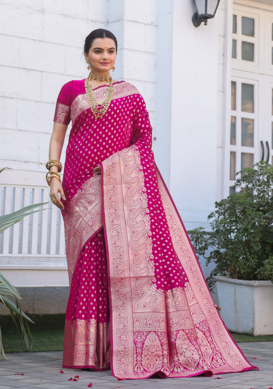 Rani Katan Litchi Silk Banarasi Saree with Zari Butta Woven – In Stock