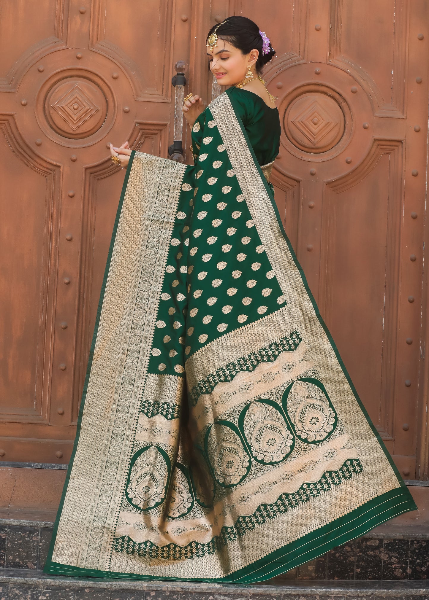 Bottle Green Katan Litchi Silk Banarasi Saree with Rich Golden Zari Butta Woven