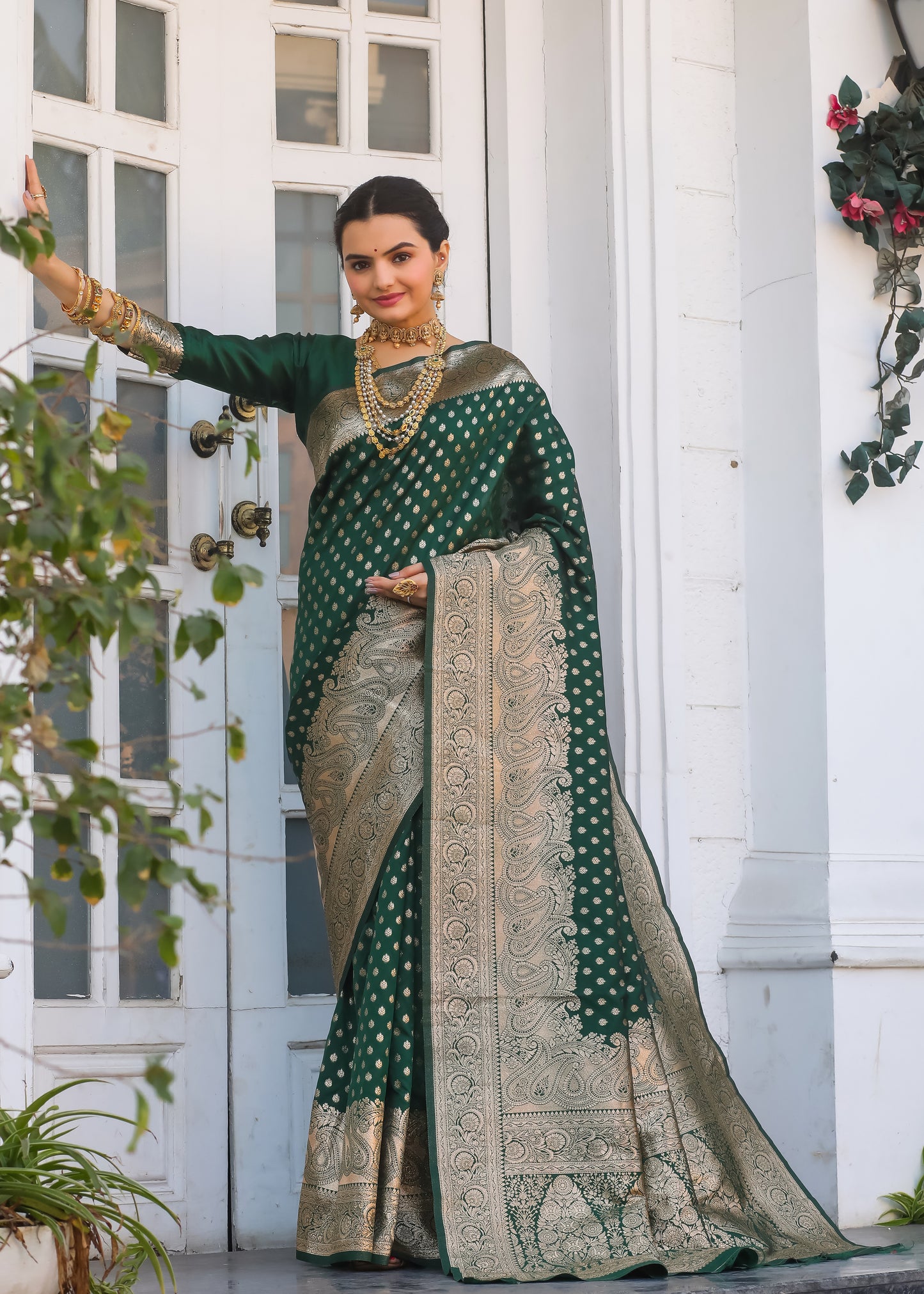 Bottle Green Katan Litchi Silk Banarasi Saree with Zari Butta Woven