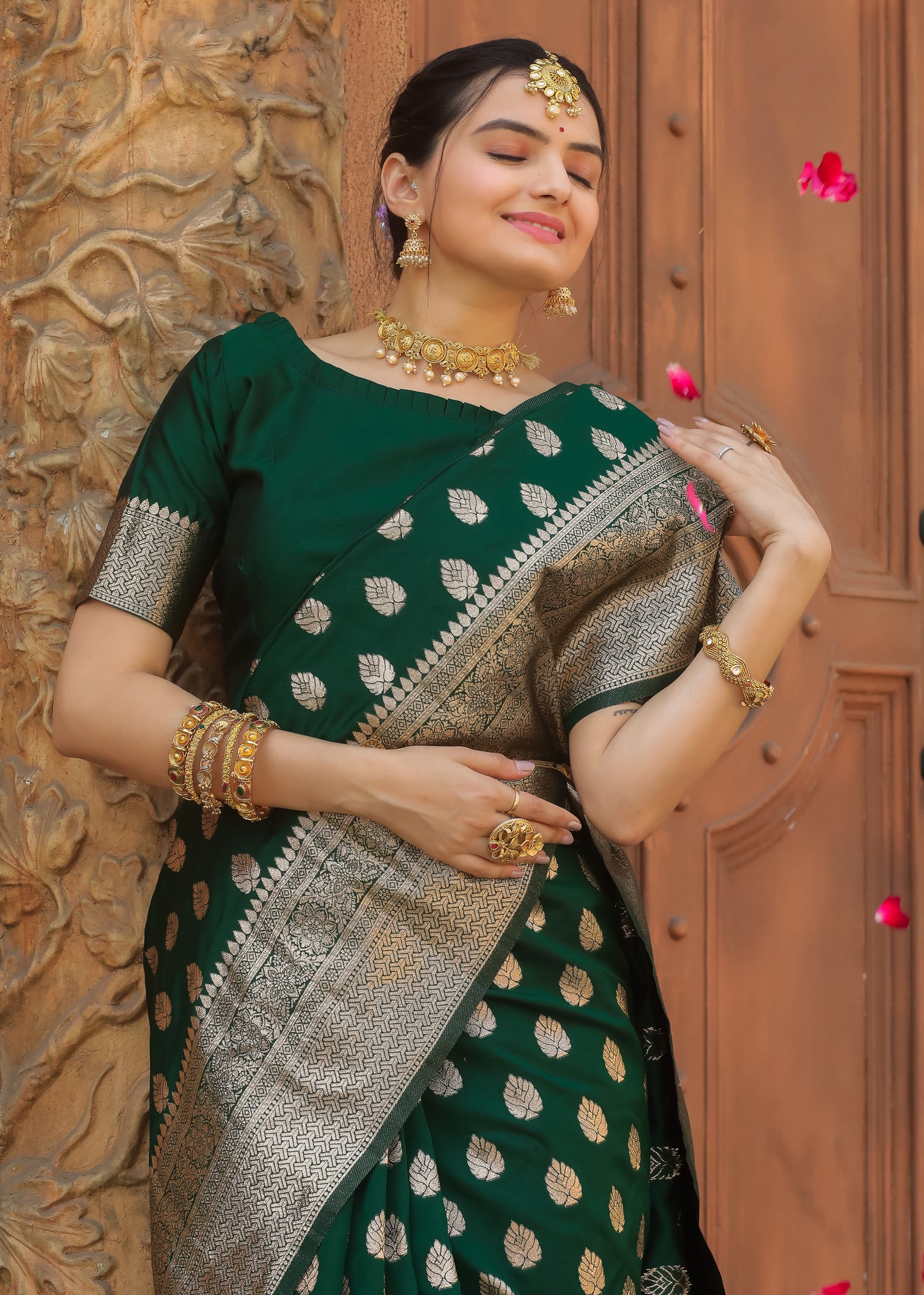 Bottle Green Katan Litchi Silk Banarasi Saree with Rich Golden Zari Butta Woven