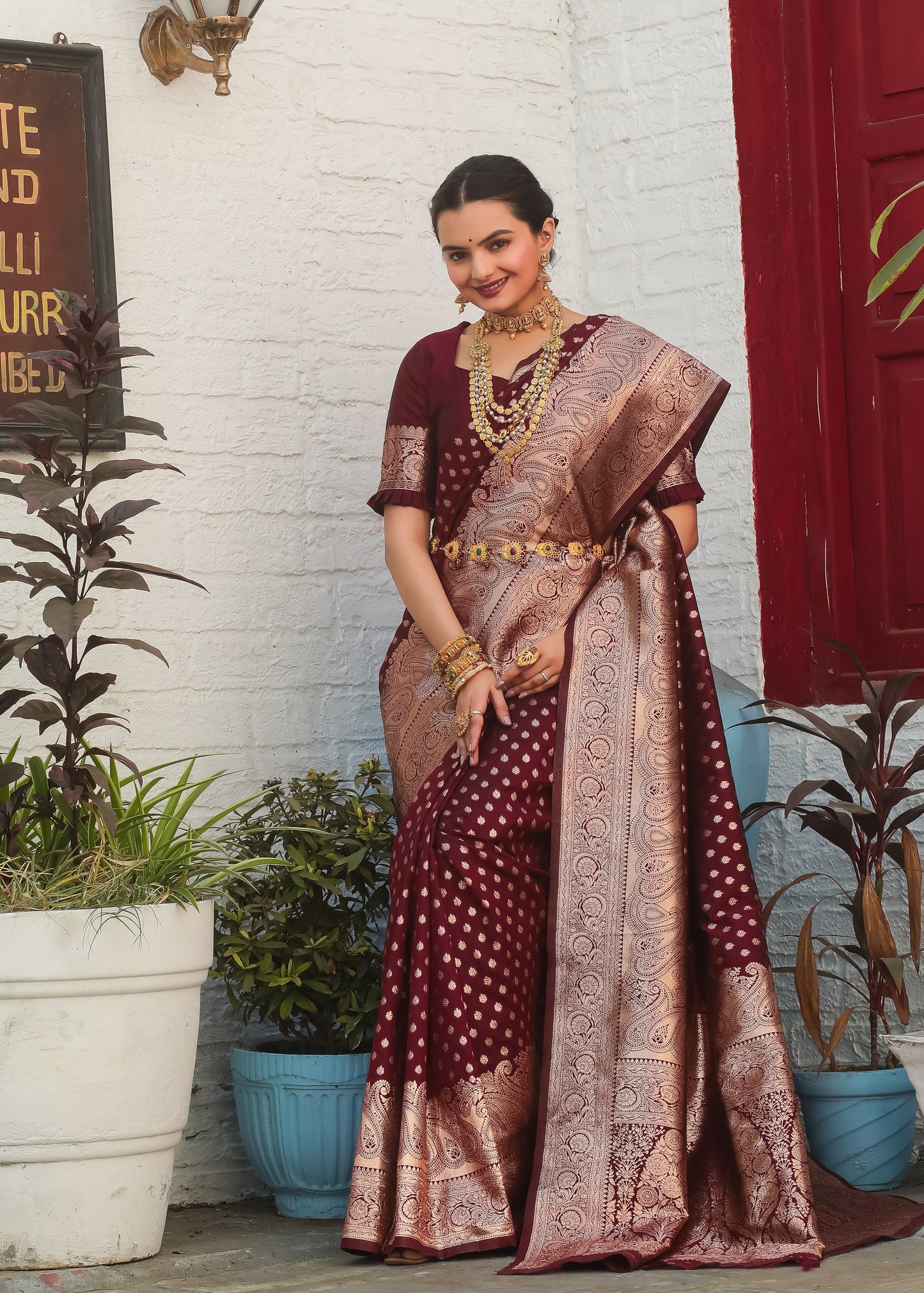 Maroon Katan Litchi Silk Banarasi Saree with Zari Butta Woven