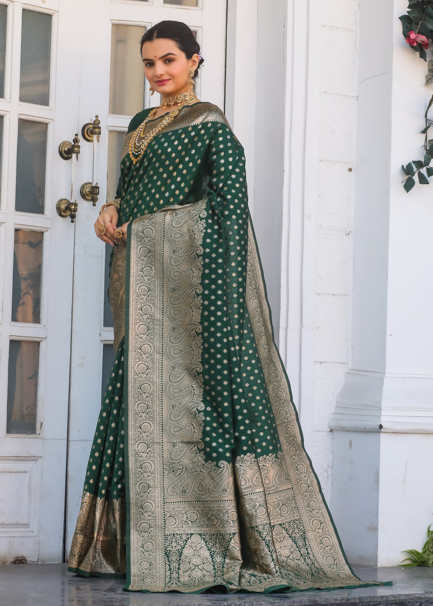 Bottle Green Katan Litchi Silk Banarasi Saree with Zari Butta Woven