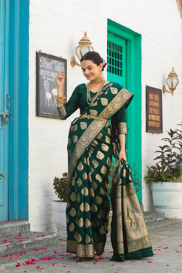 Bottle Green Katan Litchi Silk Saree with Intricate Zari Butta – In Stock