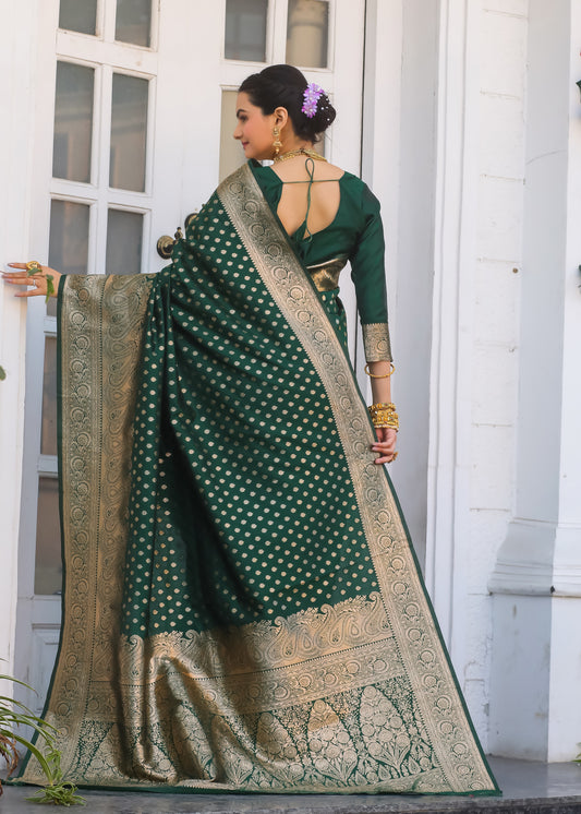 Bottle Green Katan Litchi Silk Banarasi Saree with Zari Butta Woven