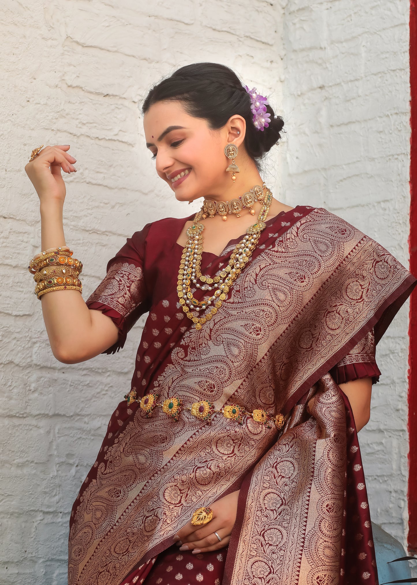 Maroon Katan Litchi Silk Banarasi Saree with Zari Butta Woven