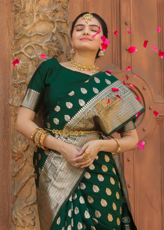 Bottle Green Katan Litchi Silk Banarasi Saree with Rich Golden Zari Butta Woven