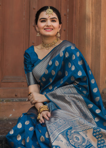 Firozi Katan Litchi Silk Banarasi Saree with Zari Butta – In Stock