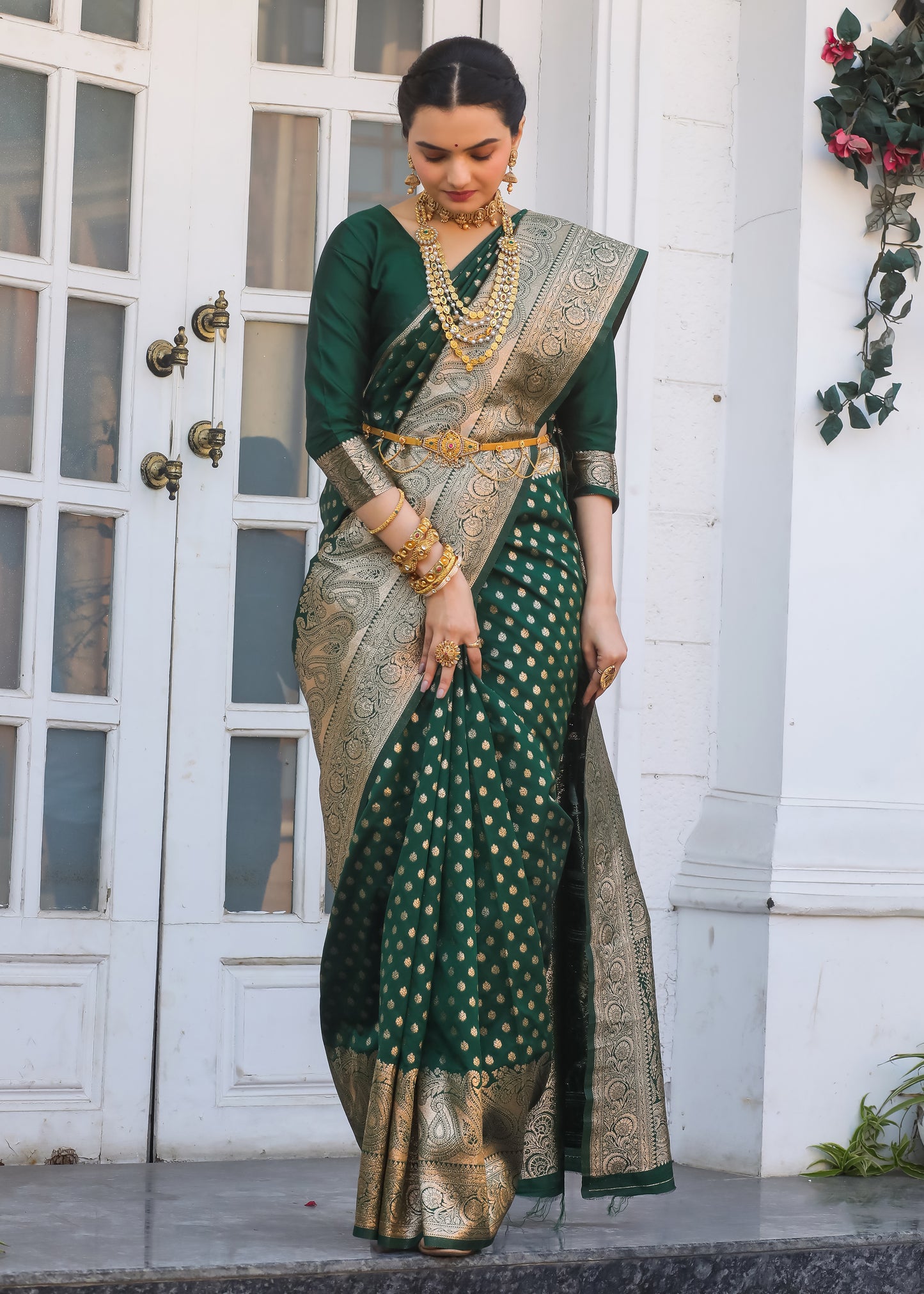 Bottle Green Katan Litchi Silk Banarasi Saree with Zari Butta Woven