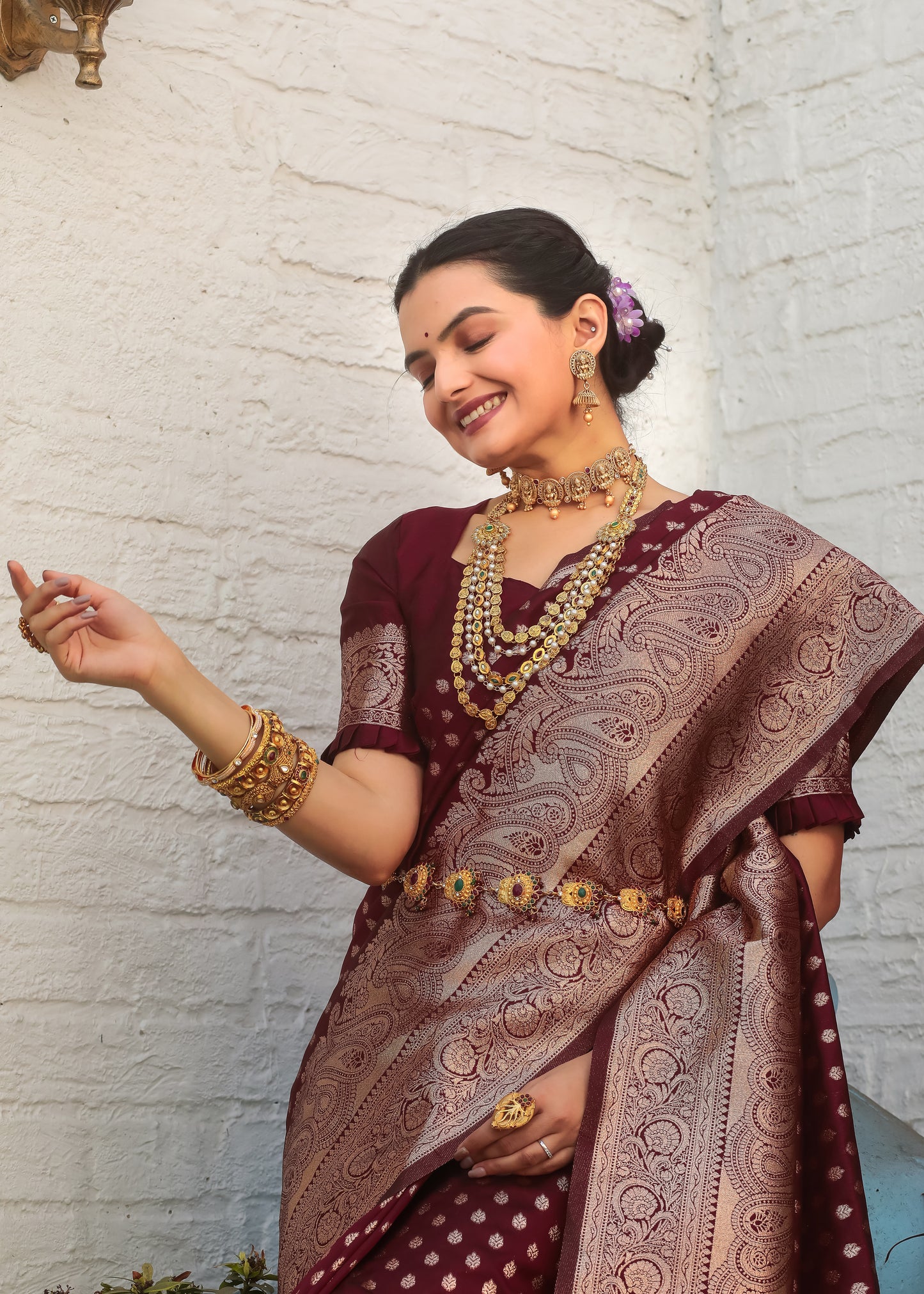 Maroon Katan Litchi Silk Banarasi Saree with Zari Butta Woven