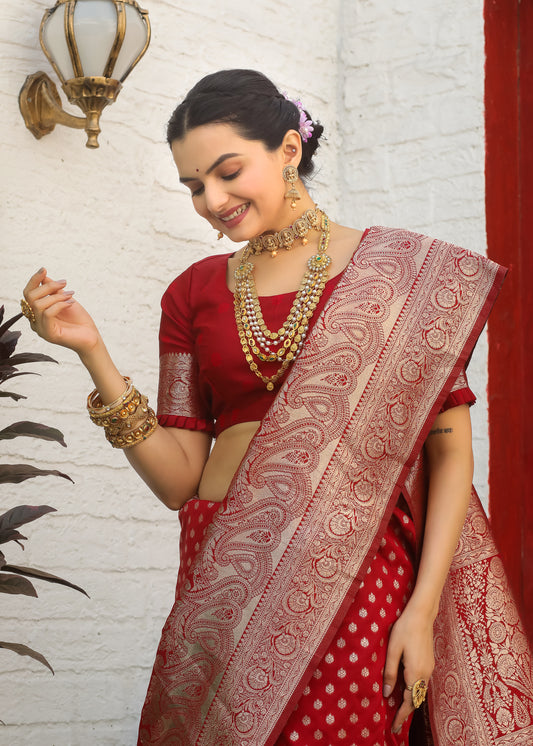 Red Katan Litchi Silk Banarasi Saree with Zari Butta Woven
