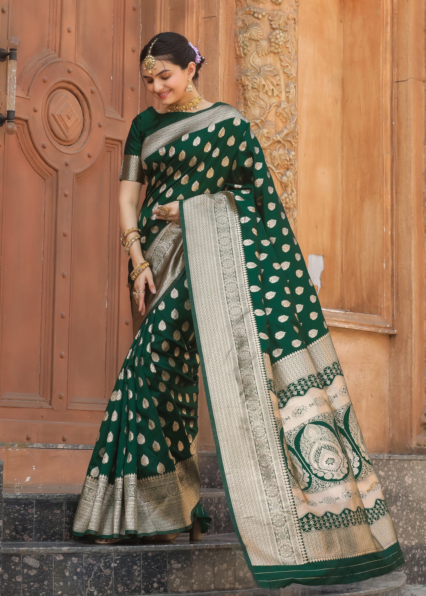 Bottle Green Katan Litchi Silk Banarasi Saree with Rich Golden Zari Butta Woven