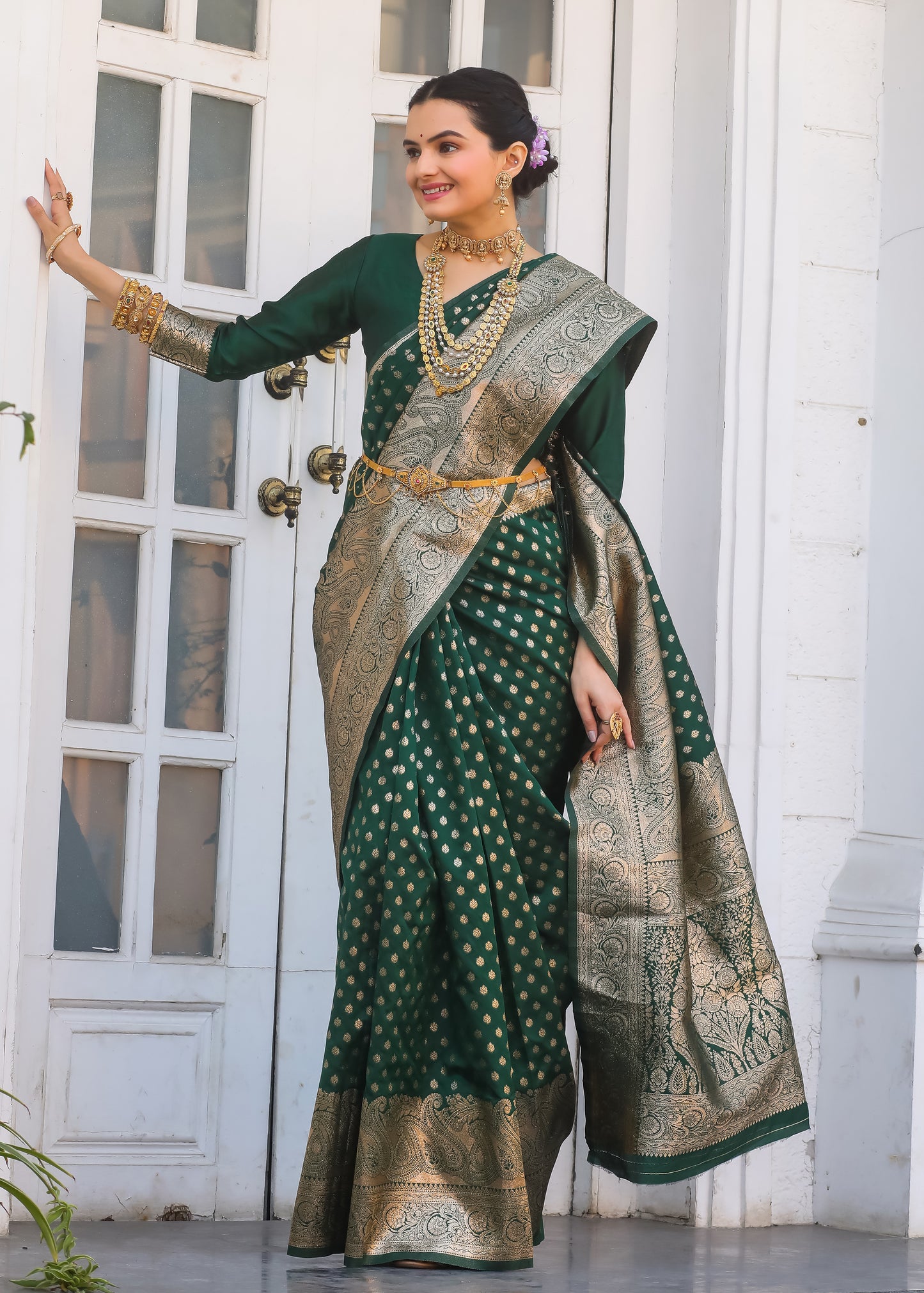 Bottle Green Katan Litchi Silk Banarasi Saree with Zari Butta Woven