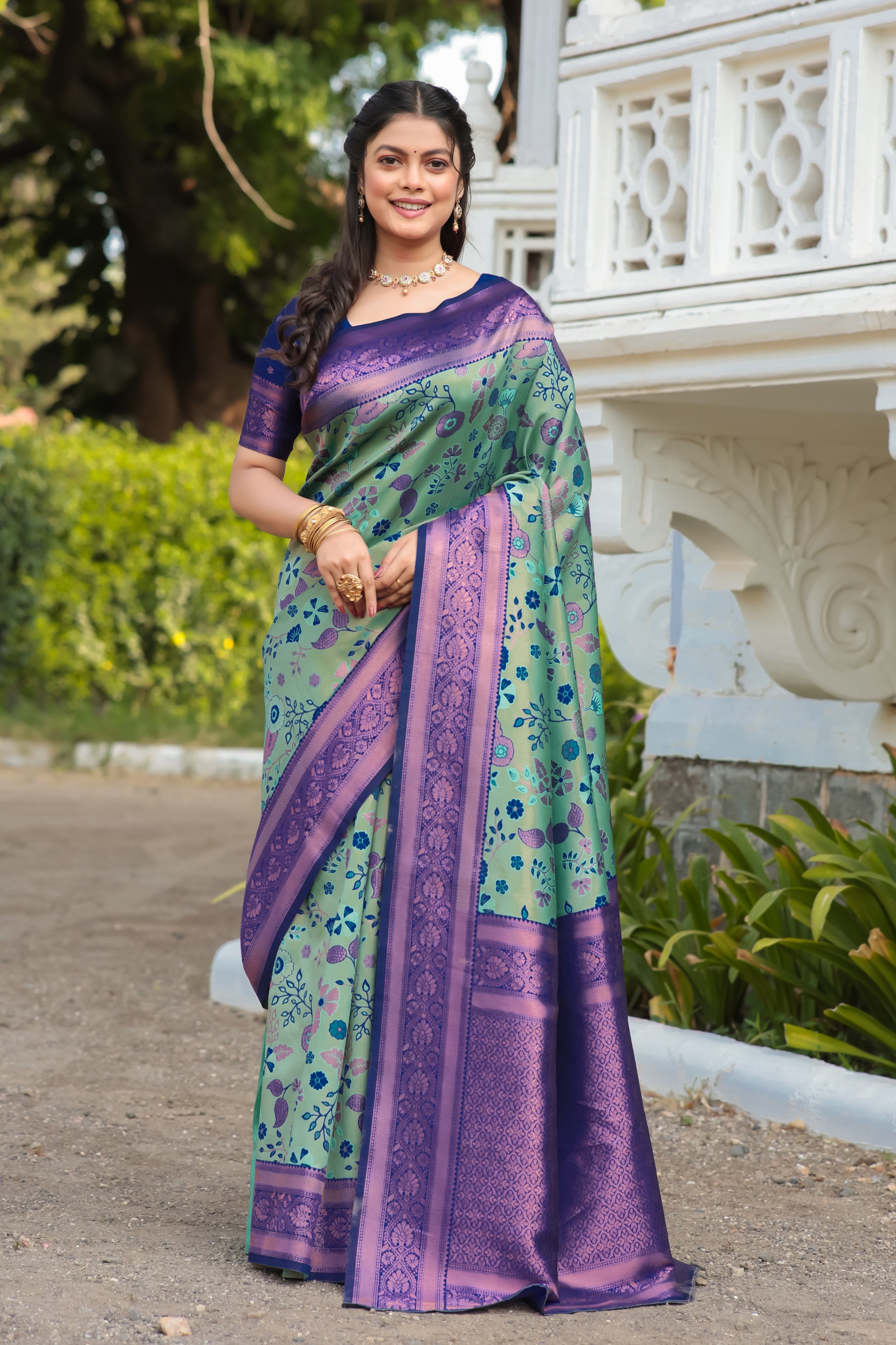 "Peach Rama Banarasi Saree with Floral Zari Work – In Stock"