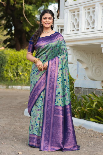 "Peach Rama Banarasi Saree with Floral Zari Work – In Stock"