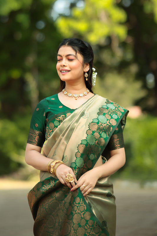 Pista Bottle Green And Litchi Soft Silk Banarasi Saree with Floral Zari Woven