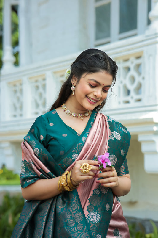 Peach Rama Litchi Soft Silk Banarasi Saree with Work of Floral Zari Woven