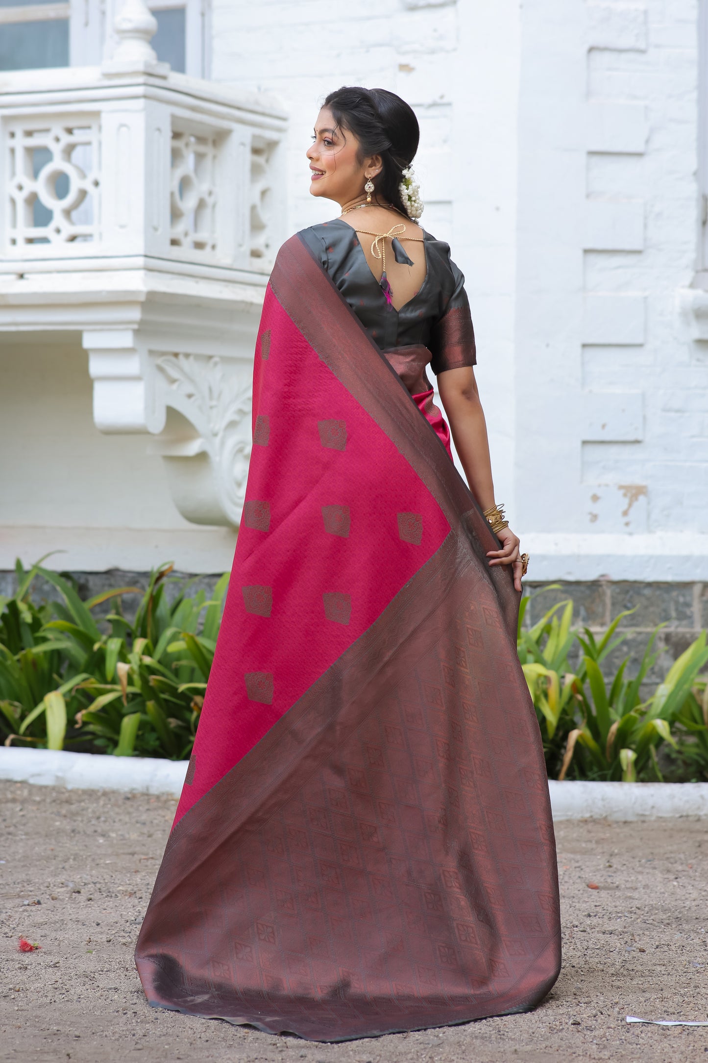 Rani Grey Litchi Soft Silk Banarasi Saree with Butta Zari Woven