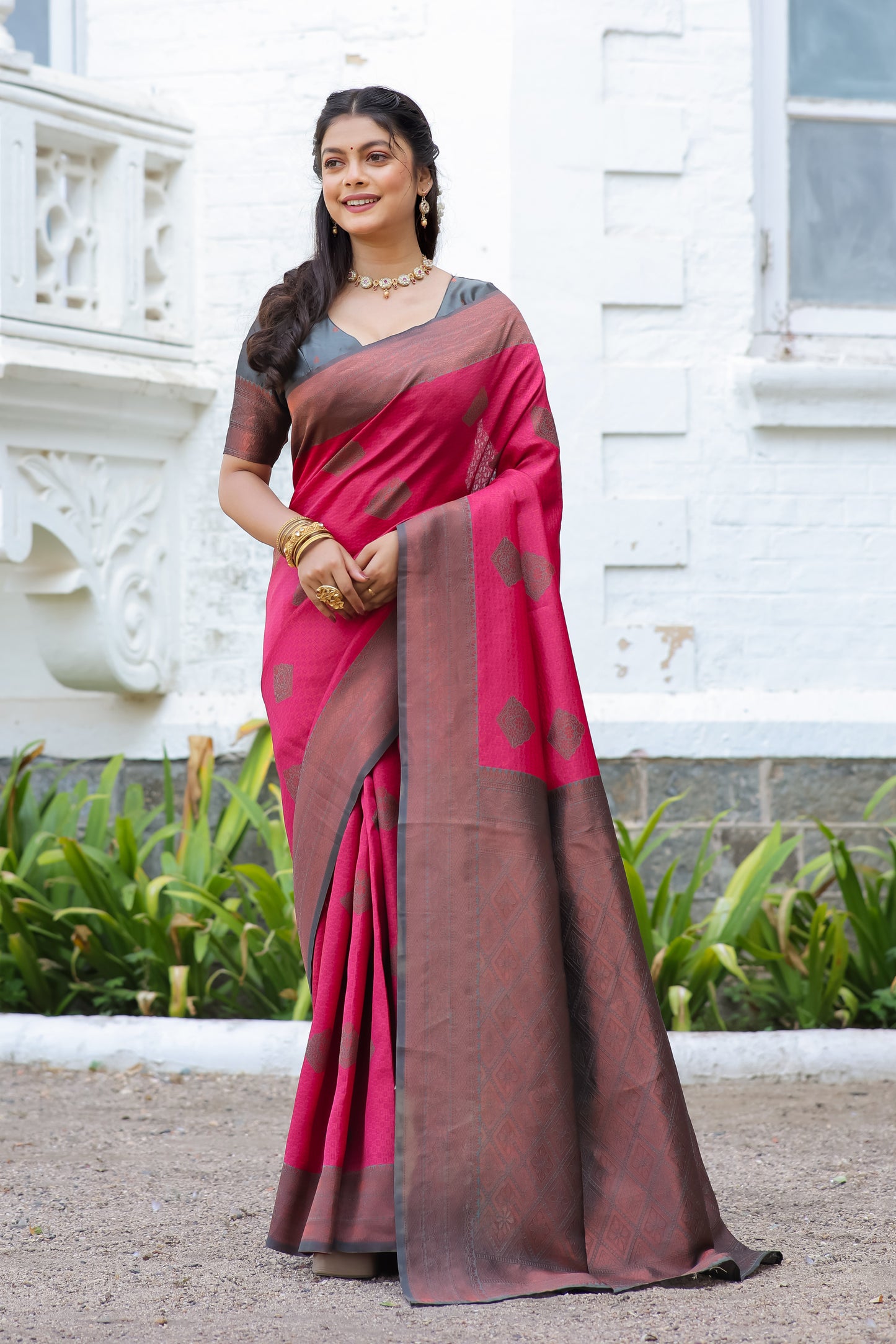 Rani Grey Litchi Soft Silk Banarasi Saree with Butta Zari Woven