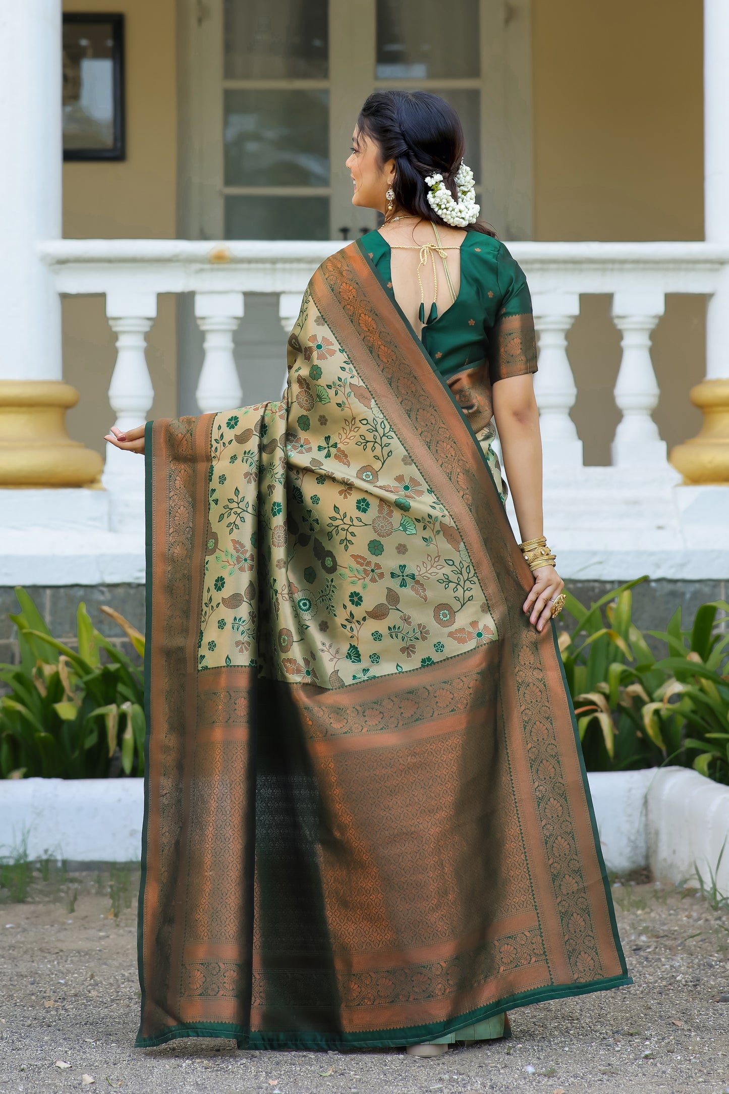 Pista Litchi Soft Silk Banarasi Saree with Floral Zari Woven