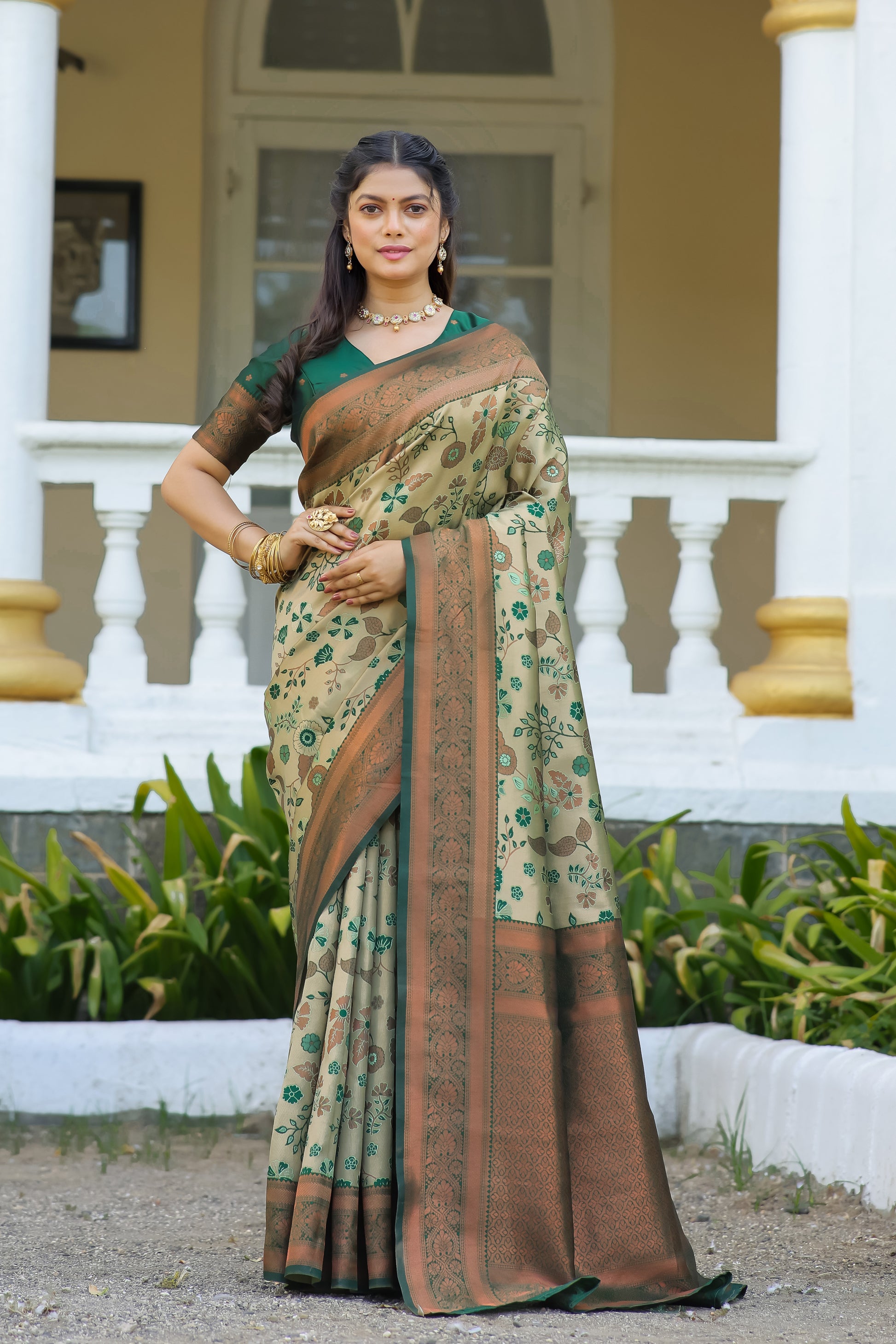 "Pista Banarasi Silk Saree with Floral Zari Weaving – Available"
