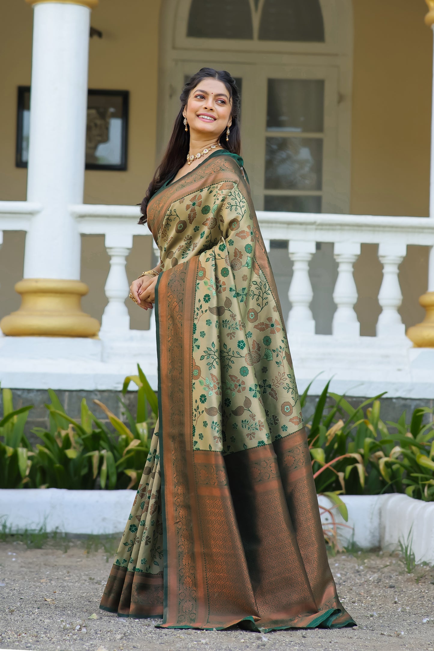 Pista Litchi Soft Silk Banarasi Saree with Floral Zari Woven