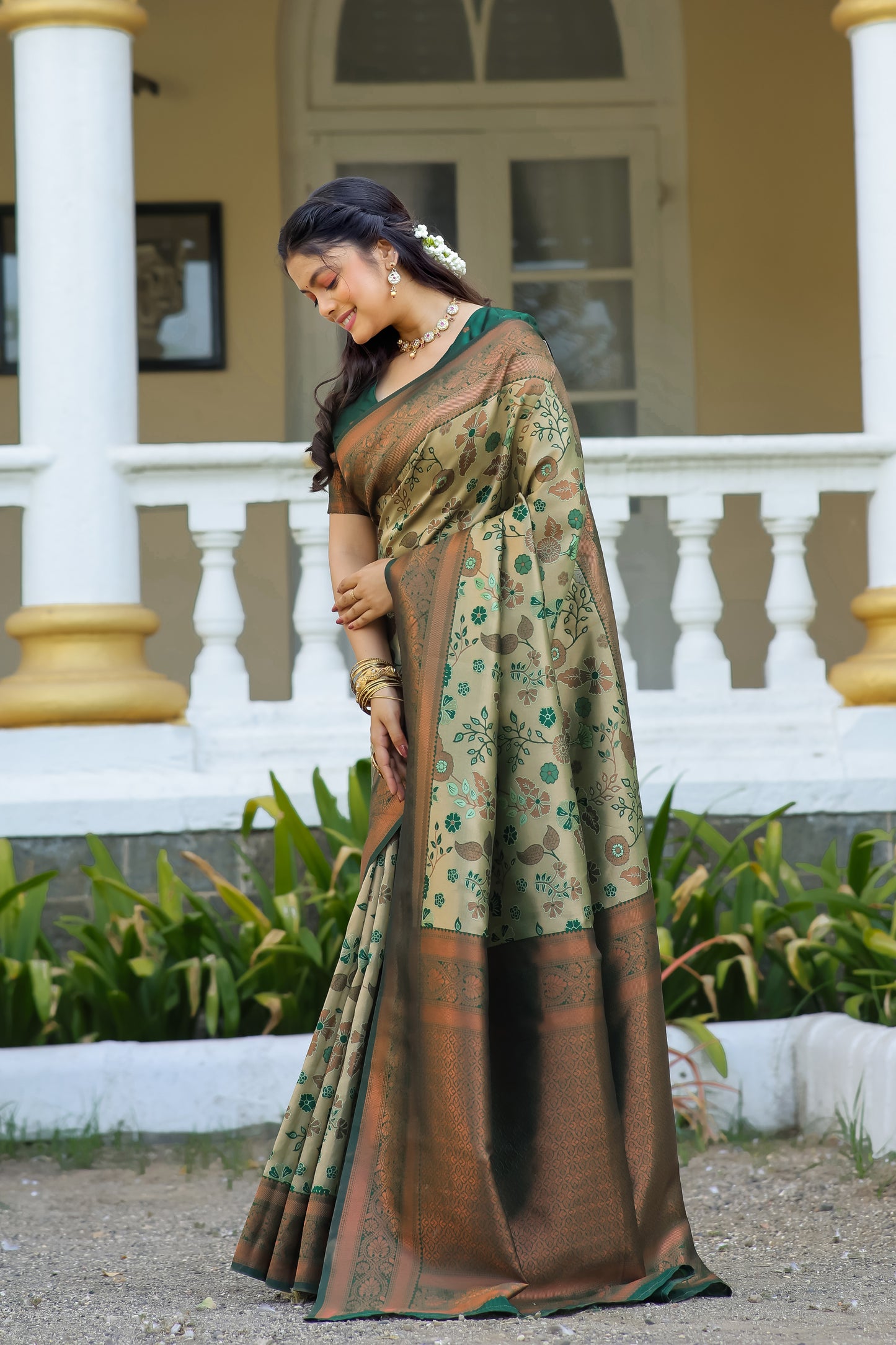 Pista Litchi Soft Silk Banarasi Saree with Floral Zari Woven