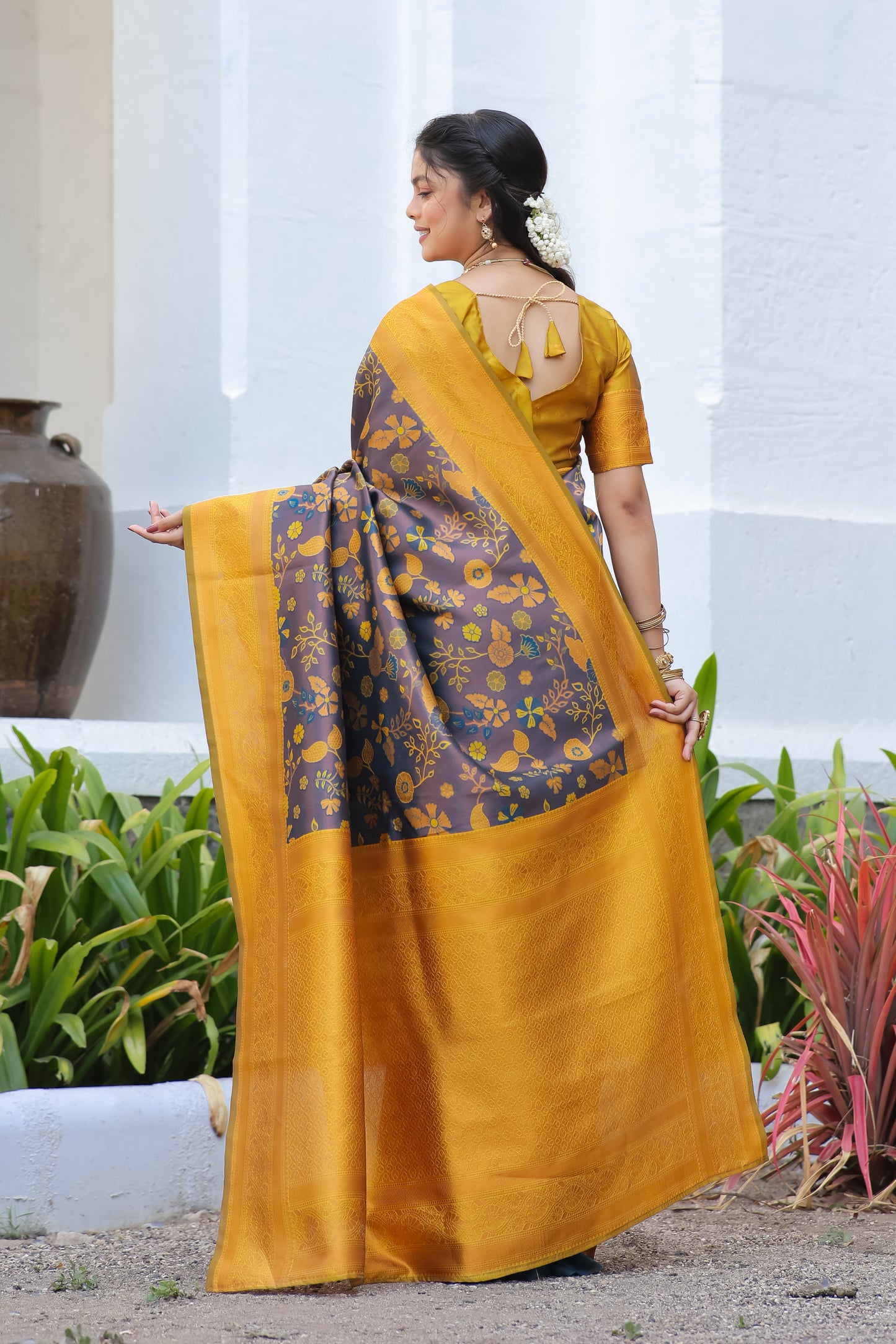 Yellow Purple Litchi Soft Silk Banarasi Saree with Floral Zari Woven