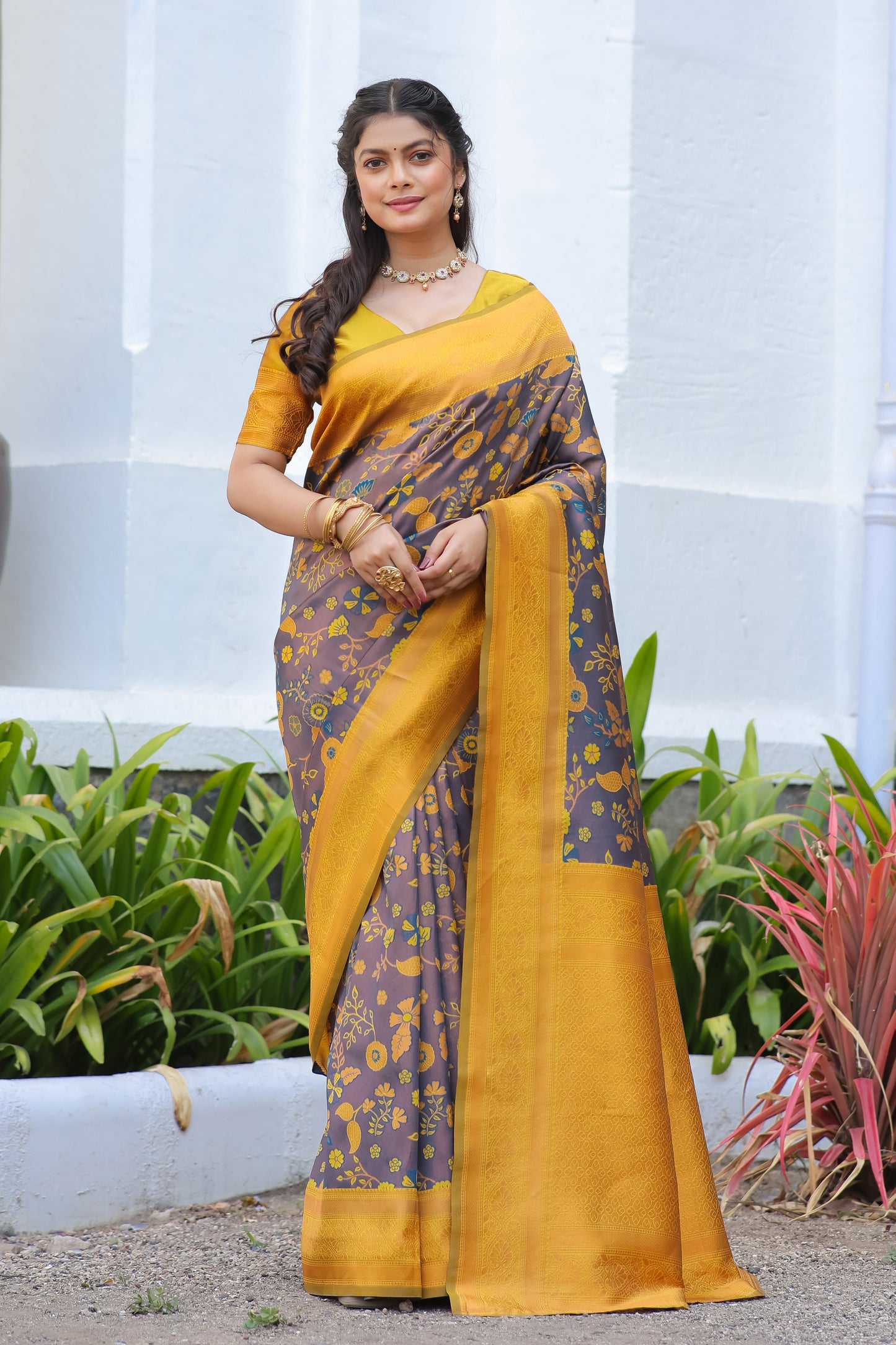Yellow Purple Litchi Soft Silk Banarasi Saree with Floral Zari Woven