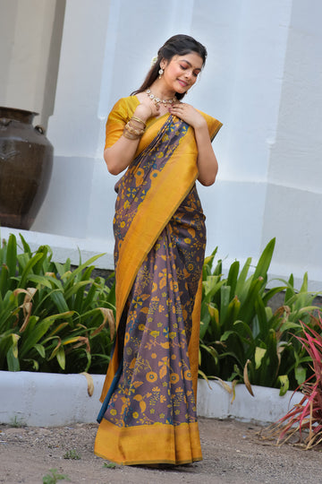 "Yellow Purple Banarasi Silk Saree with Floral Zari Woven – In Stock"
