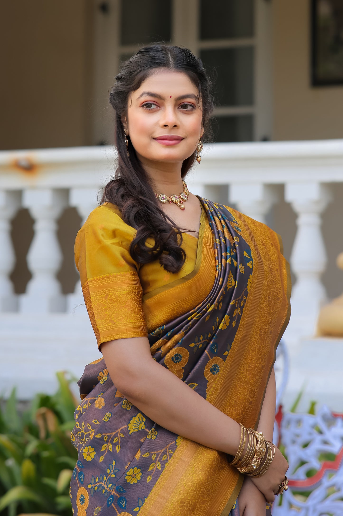Yellow Purple Litchi Soft Silk Banarasi Saree with Floral Zari Woven