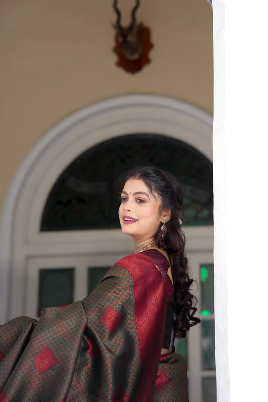 Green Maroon Litchi Soft Silk Banarasi Saree with Butta Zari Woven