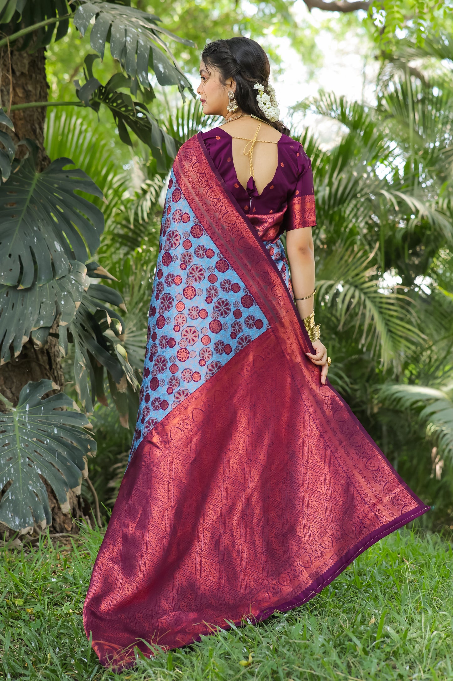 Blue Litchi Soft Silk Banarasi Saree with Floral Zari Woven