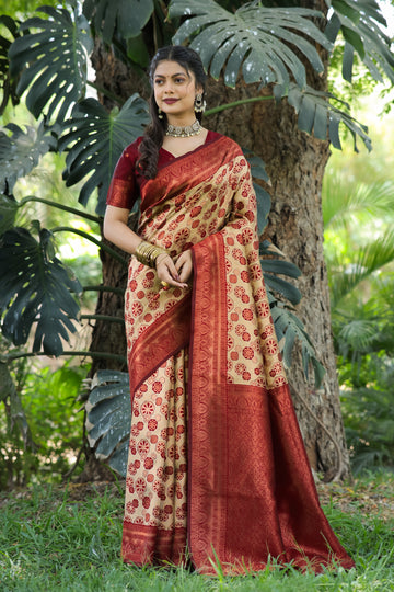 "Chiku Maroon Soft Banarasi Saree with Floral Zari Weaving – Available"
