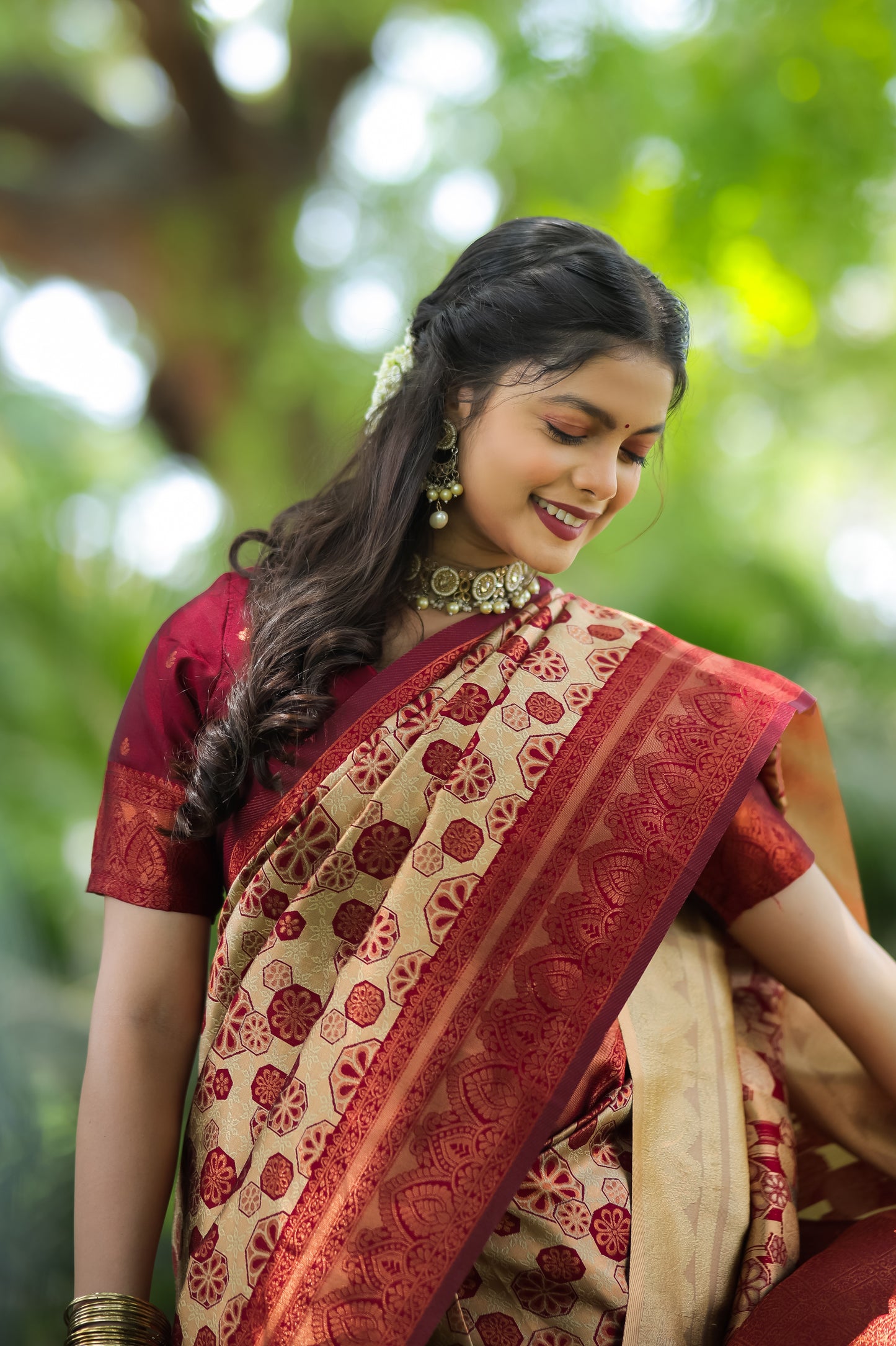 Chiku Maroon Litchi Soft Silk Banarasi Saree with Floral Zari Woven Work