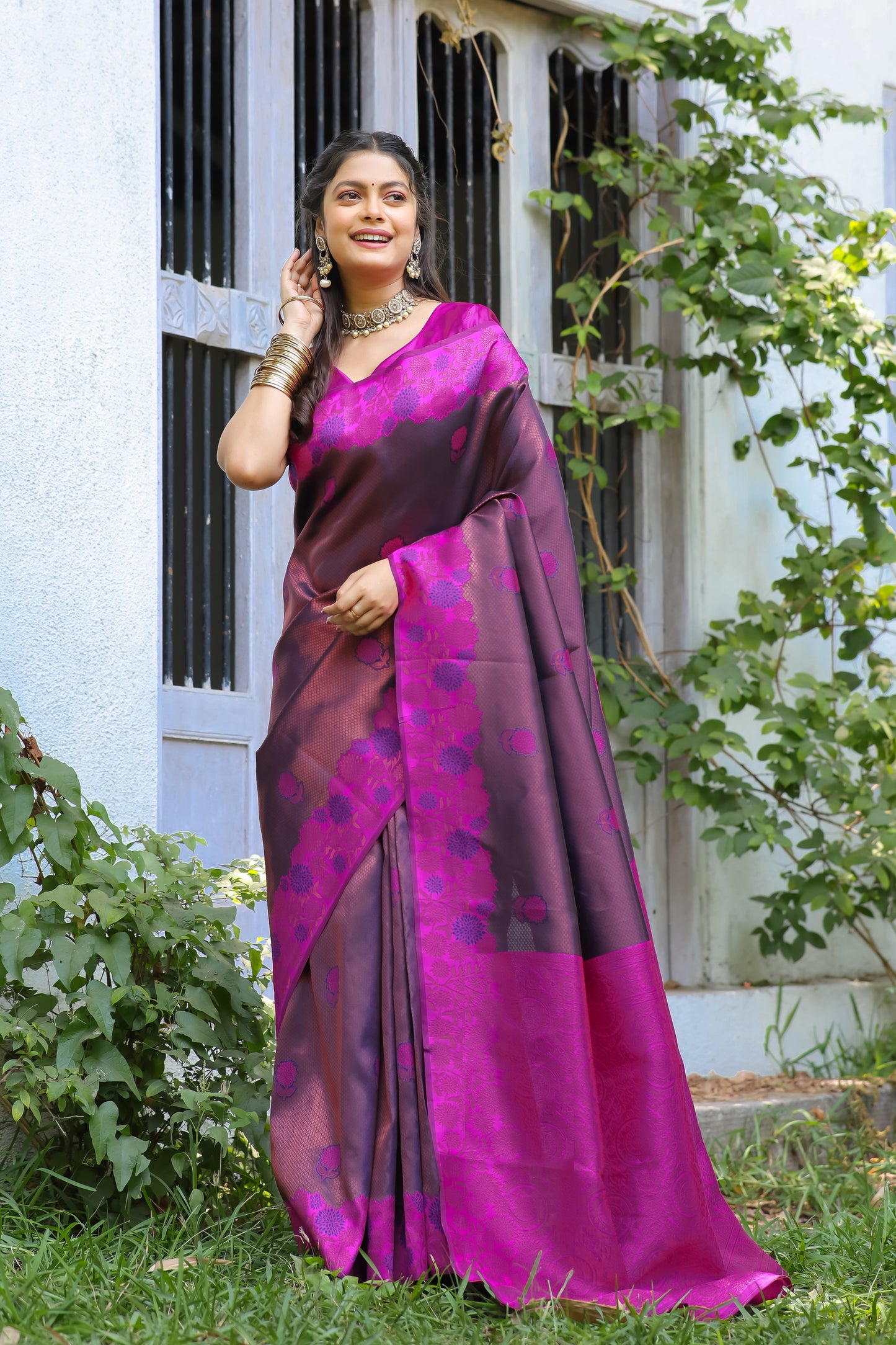 Purple Rani Litchi Soft Silk Banarasi Saree with Floral Zari Woven
