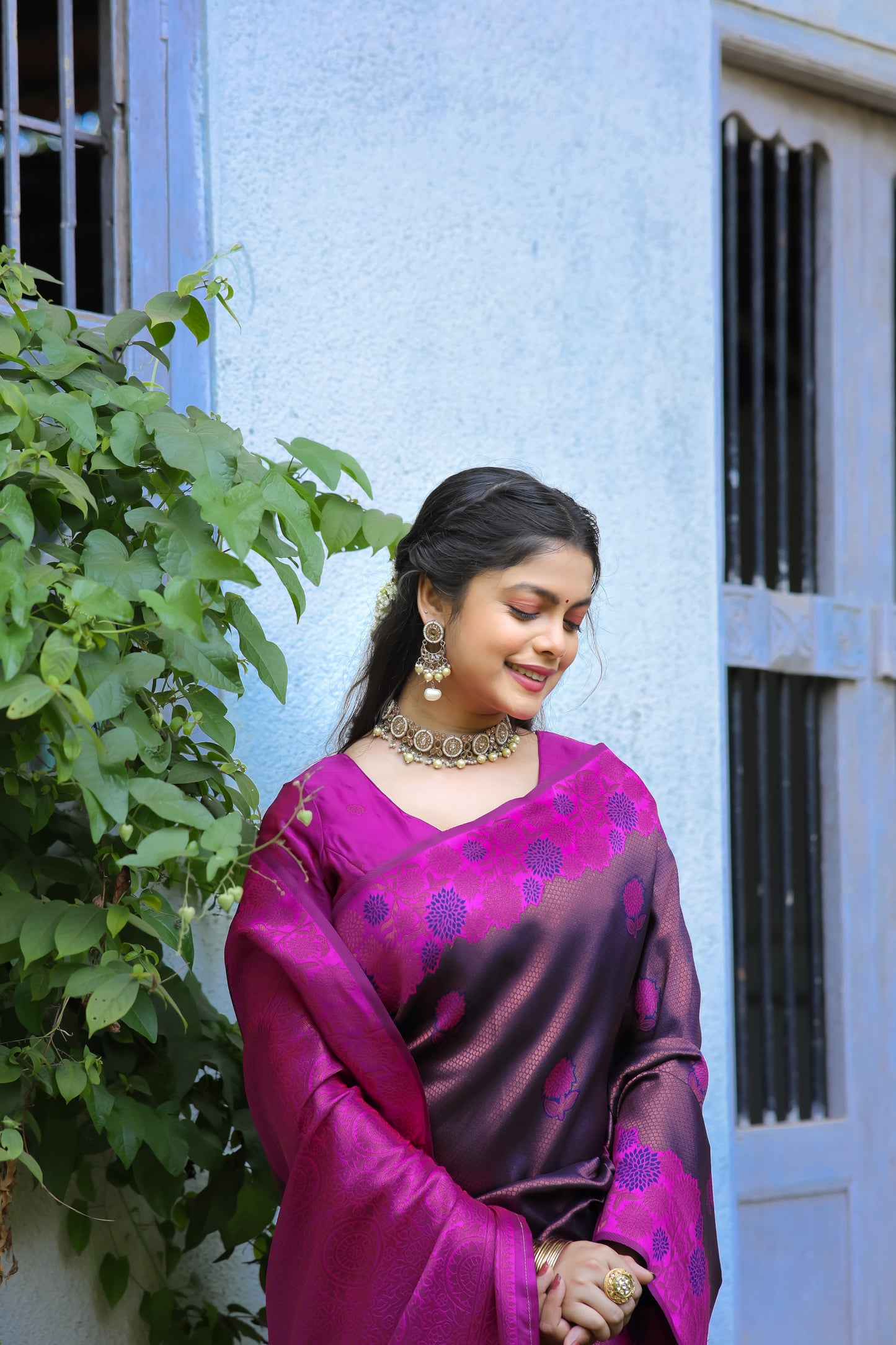 Purple Rani Litchi Soft Silk Banarasi Saree with Floral Zari Woven