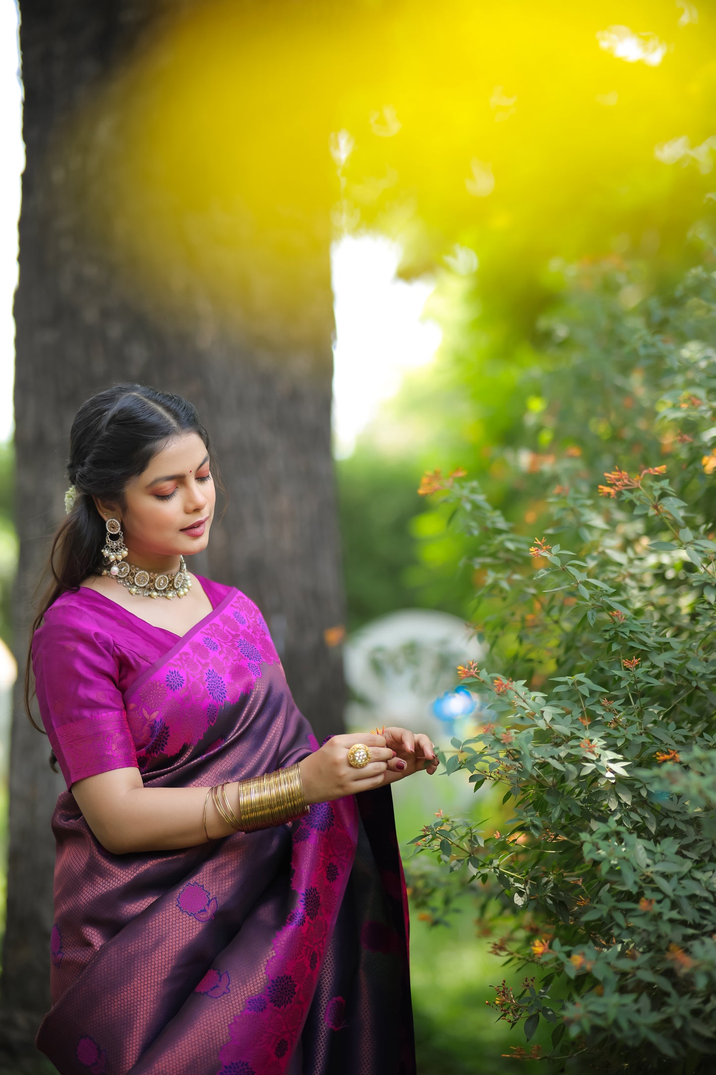 Purple Rani Litchi Soft Silk Banarasi Saree with Floral Zari Woven