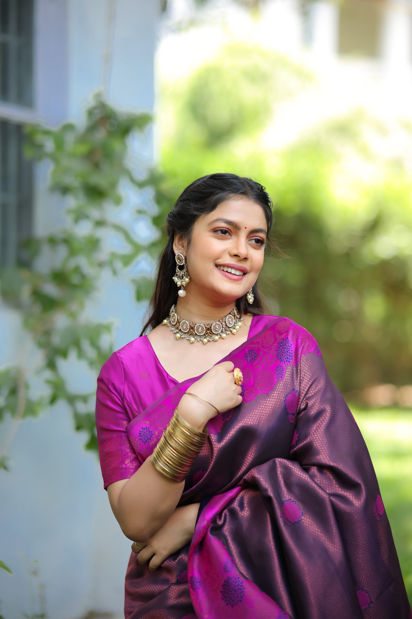 Purple Rani Litchi Soft Silk Banarasi Saree with Floral Zari Woven