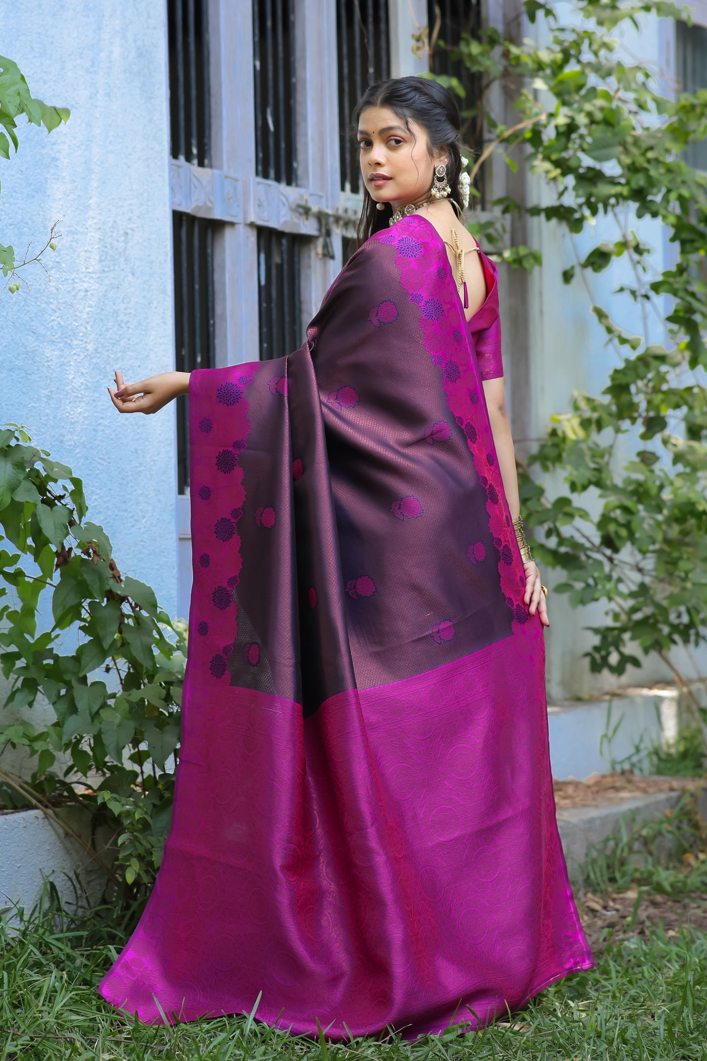 Purple Rani Litchi Soft Silk Banarasi Saree with Floral Zari Woven