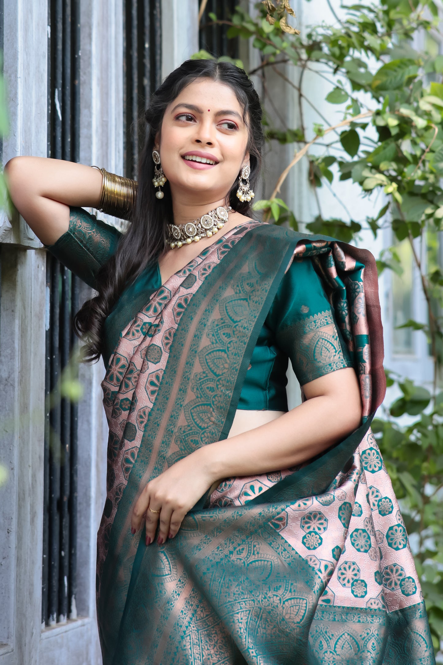 Peach Rama Litchi Soft And Silk Banarasi Saree with Floral Zari Woven