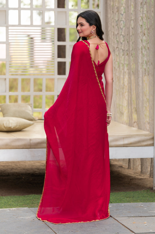 Cherry Chiffon Bollywood Saree with Embellished Border