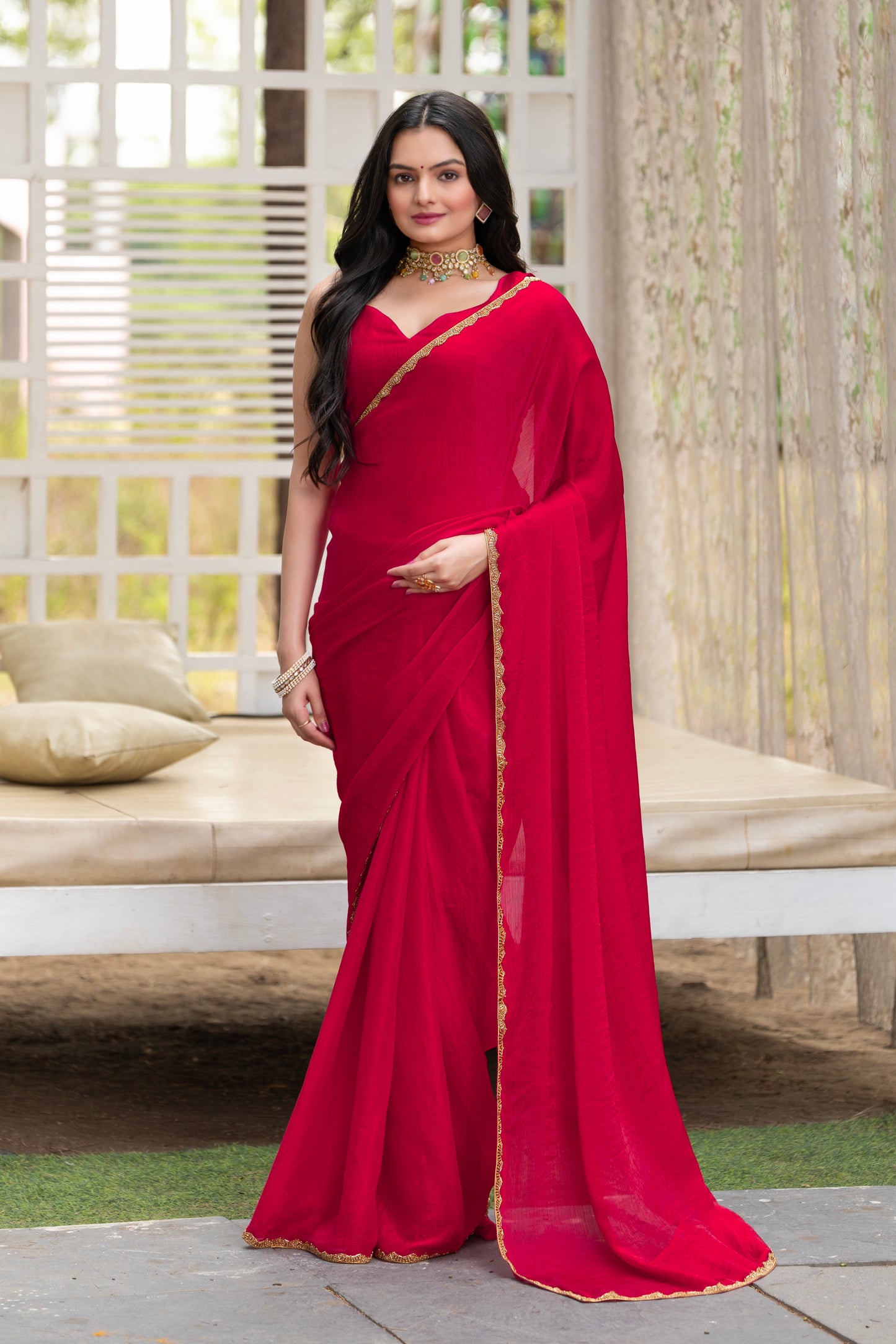 Cherry Chiffon Bollywood Saree with Embellished Border