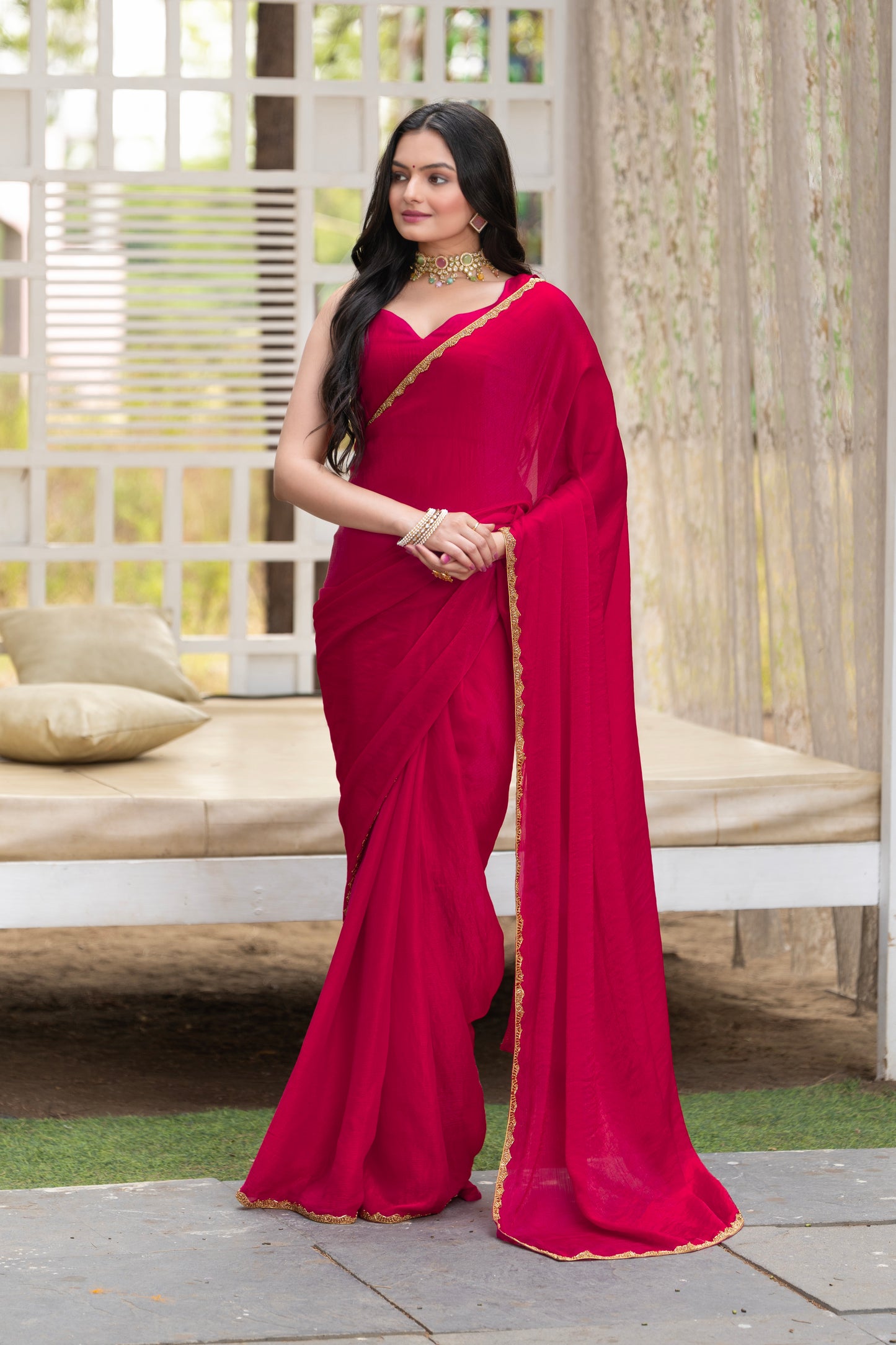 Cherry Chiffon Bollywood Saree with Embellished Border