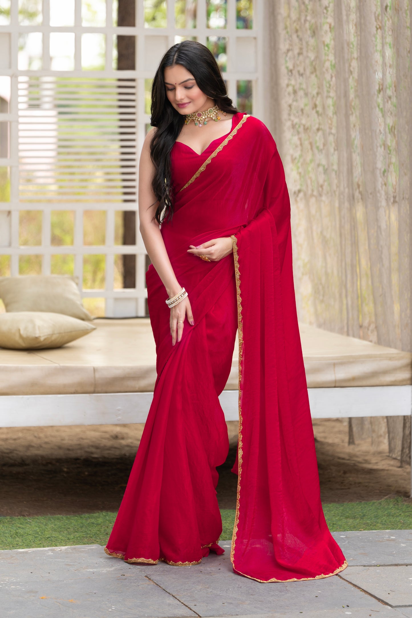 Cherry Chiffon Bollywood Saree with Embellished Border
