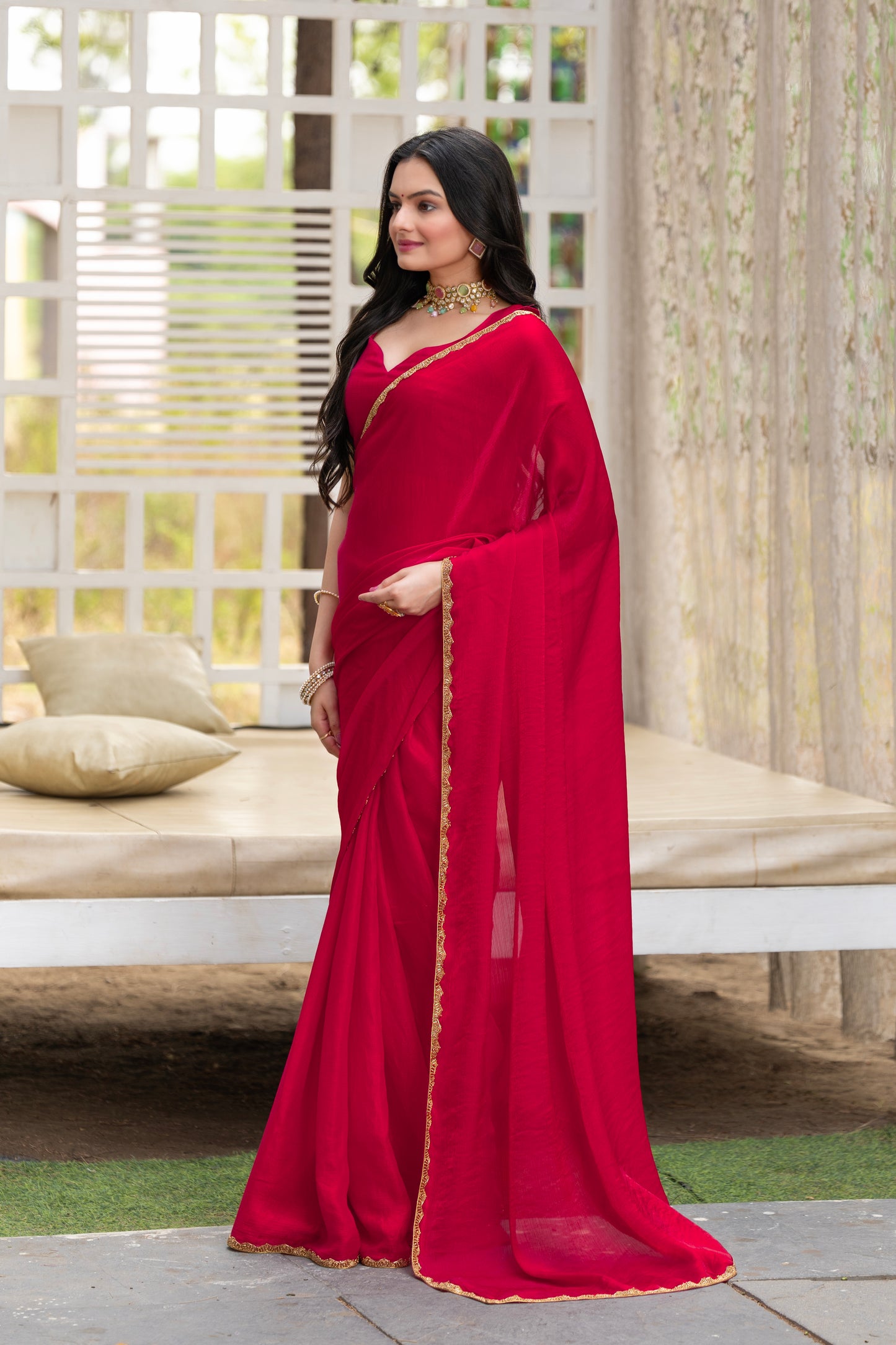 Cherry Chiffon Bollywood Saree with Embellished Border