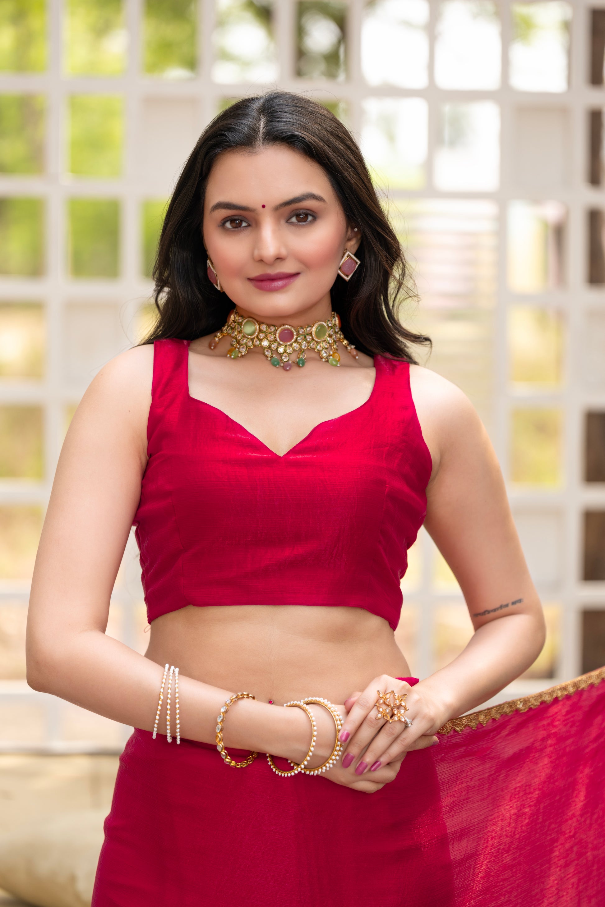 "Cherry Chiffon Saree with Embellished Border – Available Now"